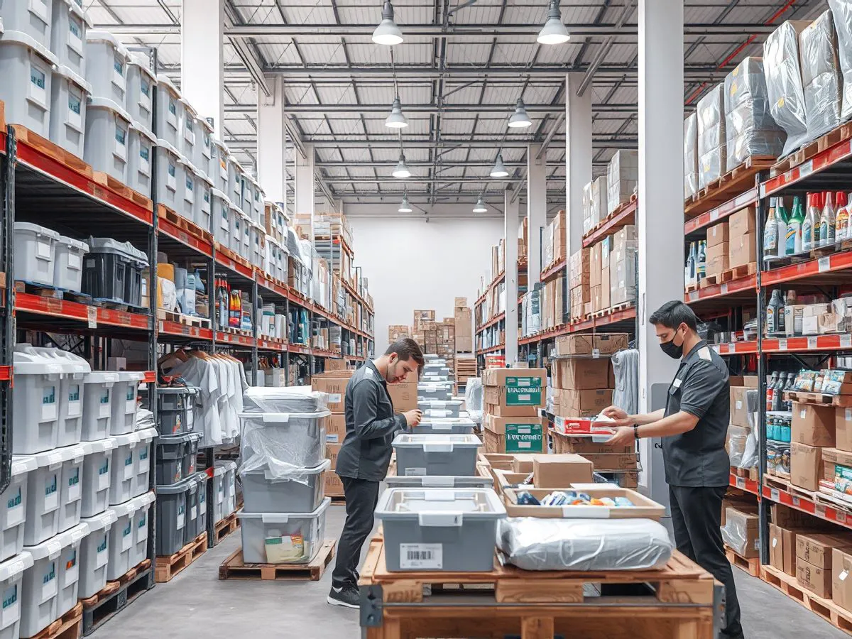 优达飞仓库中整齐摆放的家居用品货架,工作人员正在核对库存